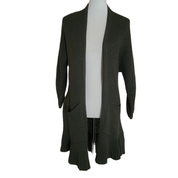 Anthropologie Guinevere Army‎ Green Knitted Ruffle Hem Midi Cardigan - Picture 2 of 6